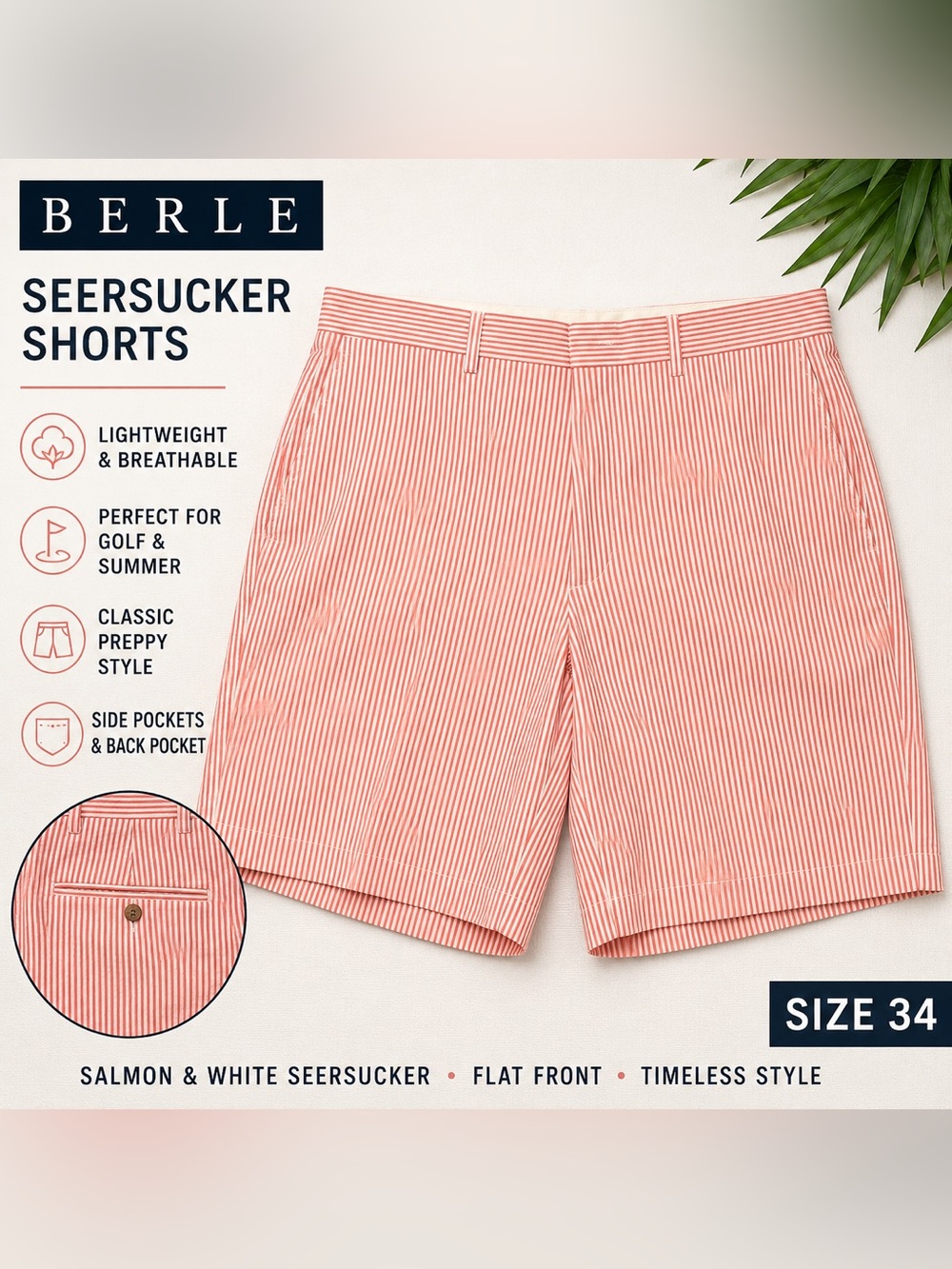 Berle Salmon White Seersucker Flat Front Shorts Men’s 34 Preppy Golf